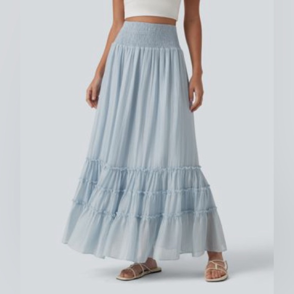 NWT HALARA SZ High Waisted Flowy Tiered Maxi Resort Skirt
 *Illusion Blue*